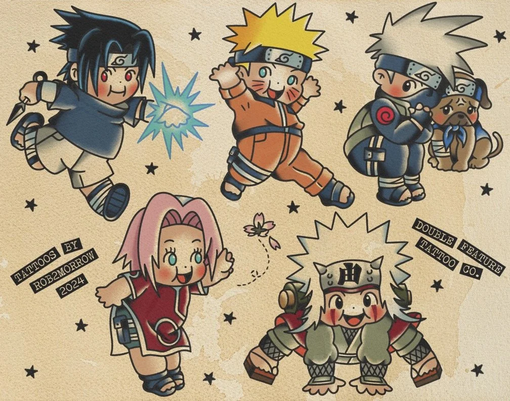 Cute chibi-style characters from the Naruto series, including Naruto, Sasuke, Kakashi, Sakura, and an elderly ninja, surrounded by stars and a butterfly, with text indicating tattoos by RobzMorrow 2024, and a mention of Double Feature Tattoo Co.