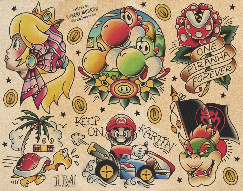 Tattoo-style artwork featuring Princess Peach, Yoshi, Bowser, Mario in a go-kart, and various symbols with text including 'One Piranha Forever' and 'Keep On Karing).