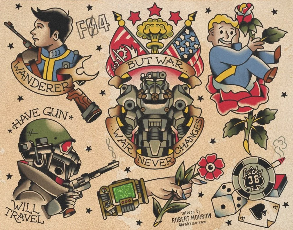 A collection of colorful tattoo-style illustrations including a male character in armor with a rifle, a robot soldier, a girl in a blue dress sitting on a flower holding a rose, a battle-worn tank with a flower, a retro game console, dice, a Lucky 38