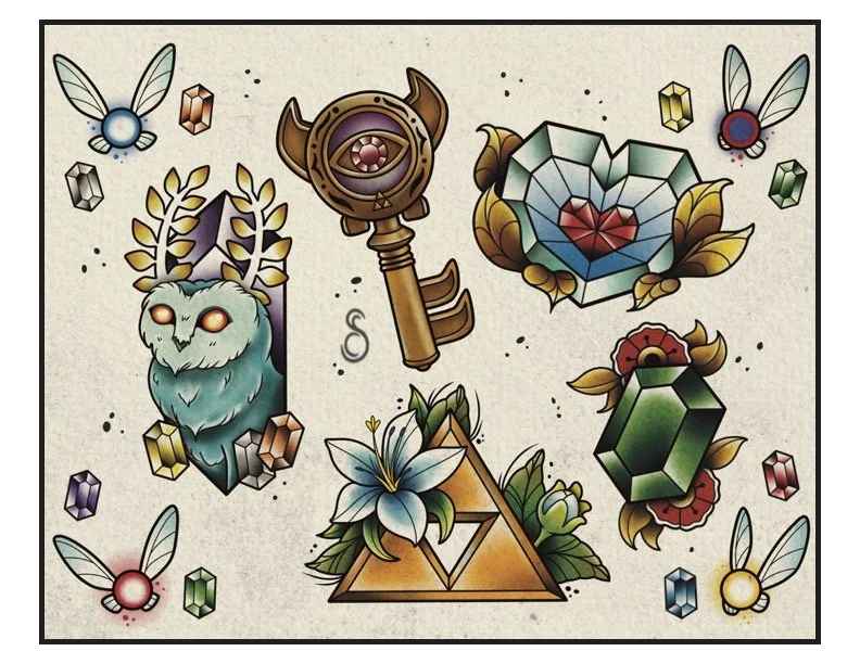 A collection of colorful and stylized fantasy-themed tattoo designs including an owl with laurel leaves, a magical key with a face, a heart-shaped gemstone, a lotus flower with an eye, a pyramidal crystal with flowers, a gemstone with leaves, and sev