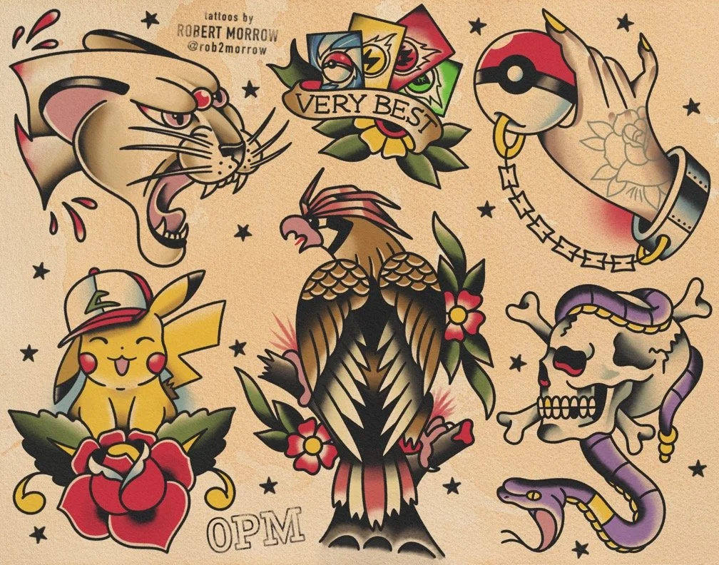 Collection of traditional tattoos featuring a snarling panther, Pikachu with a hat, an eagle, a skull with a snake, a hand with a tattooed tattoo, and a Pokéball, surrounded by flowers and stars.