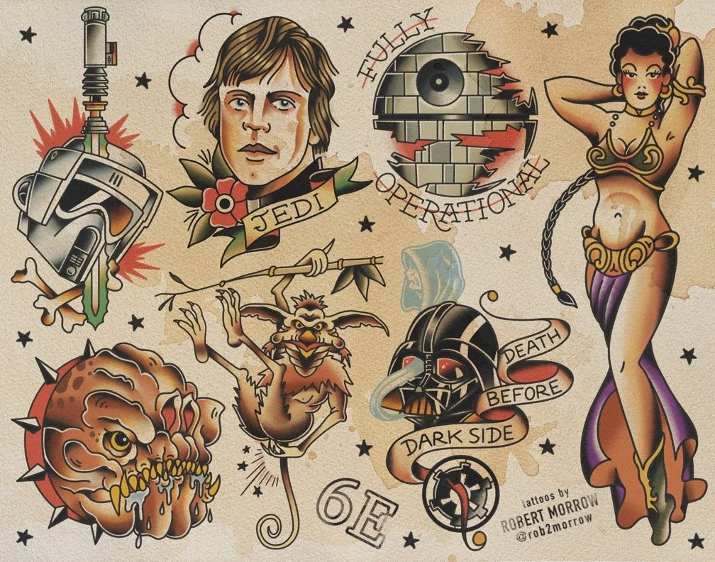 A collage of tattoo-style illustrations featuring a robot, a portrait of a young man with a banner labeled 'JEDI,' a broken brick circle with the words 'FULLY OPERATIONAL,' a stylized woman with long hair and an outfit, Darth Vader's helmet with a ba