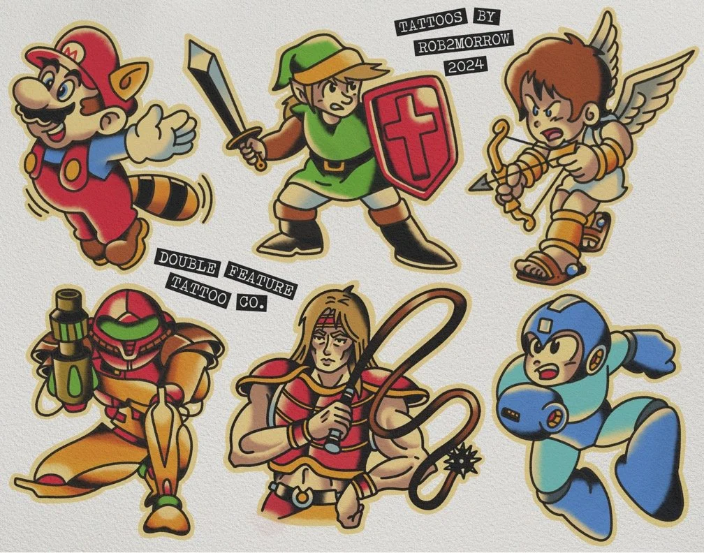 A collection of colorful cartoon-style tattoos of video game characters, including Mario, Link, a cupid, Samus Aran, He-Man, and Mega Man, with the text "TATTOOS BY ROB2MORROW 2024" and "DOUBLE FEATURE TATTOO CO."