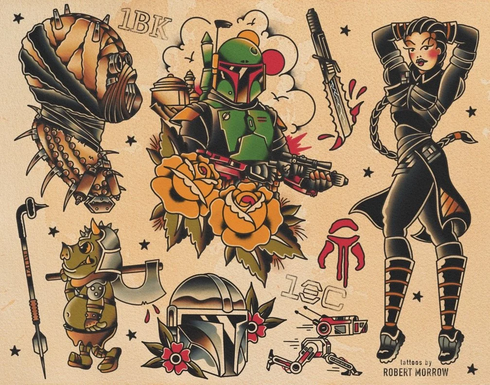 Tattoo artwork featuring characters from Star Wars, including Boba Fett, Fennec Shand, and a variation of the Mandalorian helmet, with floral and star motifs, and various weapons.