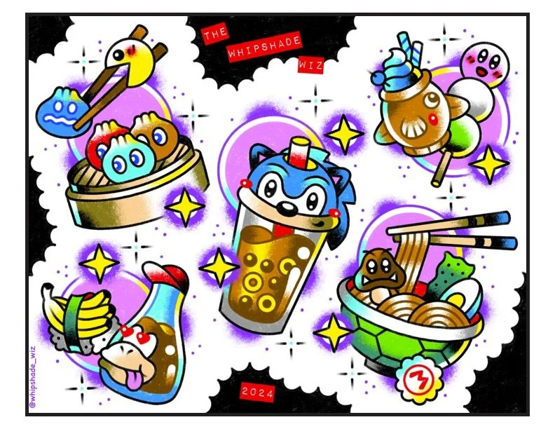 Colorful cartoon illustration of various food and drink items with a space theme, including a fish-shaped bowl, a cup of bubble tea with an animal face, and a bowl of ramen. The image features playful characters and stars, with the text 'The Whipshad