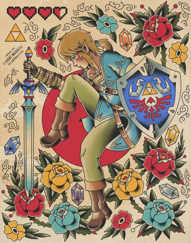 Link from The Legend of Zelda sitting with a sword and shield, surrounded by colorful flowers and gemstones in a tattoo-style design.