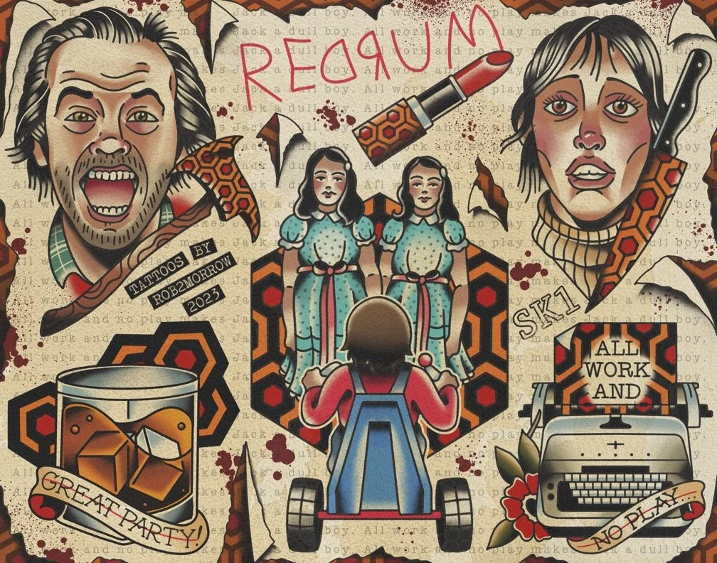 Artistic collage of tattoo designs and punk rock elements, including two large male faces with exaggerated expressions, a girl riding a tricycle, vintage typewriter with a sign saying 'All work and no play,' two girls in matching dresses, creator's n