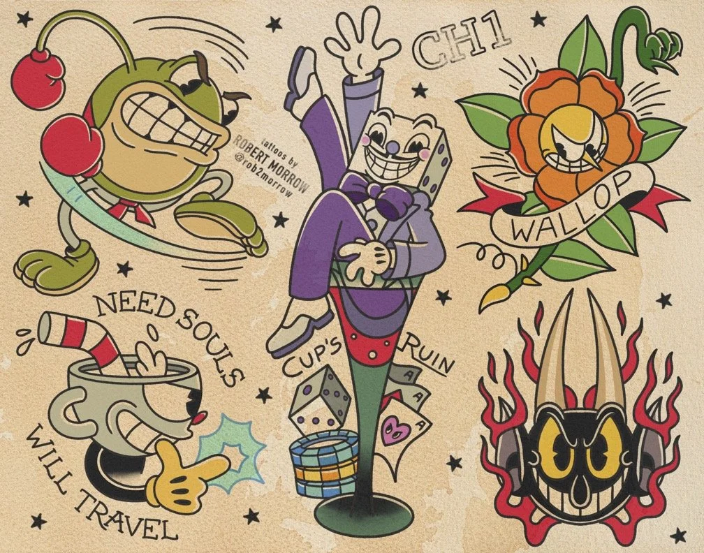 Collection of cartoon-style tattoos including a cherry, a smiling green apple with a bandana, a grinning coffee mug with sunglasses, a grinning purple cartoon character, an orange flower with the word 'WALLOP', a devilish face with flames, and variou