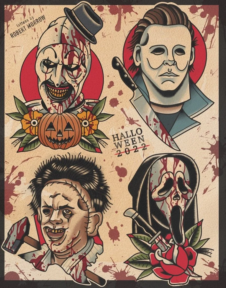 Collection of Halloween-themed tattoo illustrations featuring horror characters with blood splatters and roses, including a clown with a top hat, Michael Myers, a zombie with a hammer, and Ghostface with a knife, labeled 'Halloween 2022'.