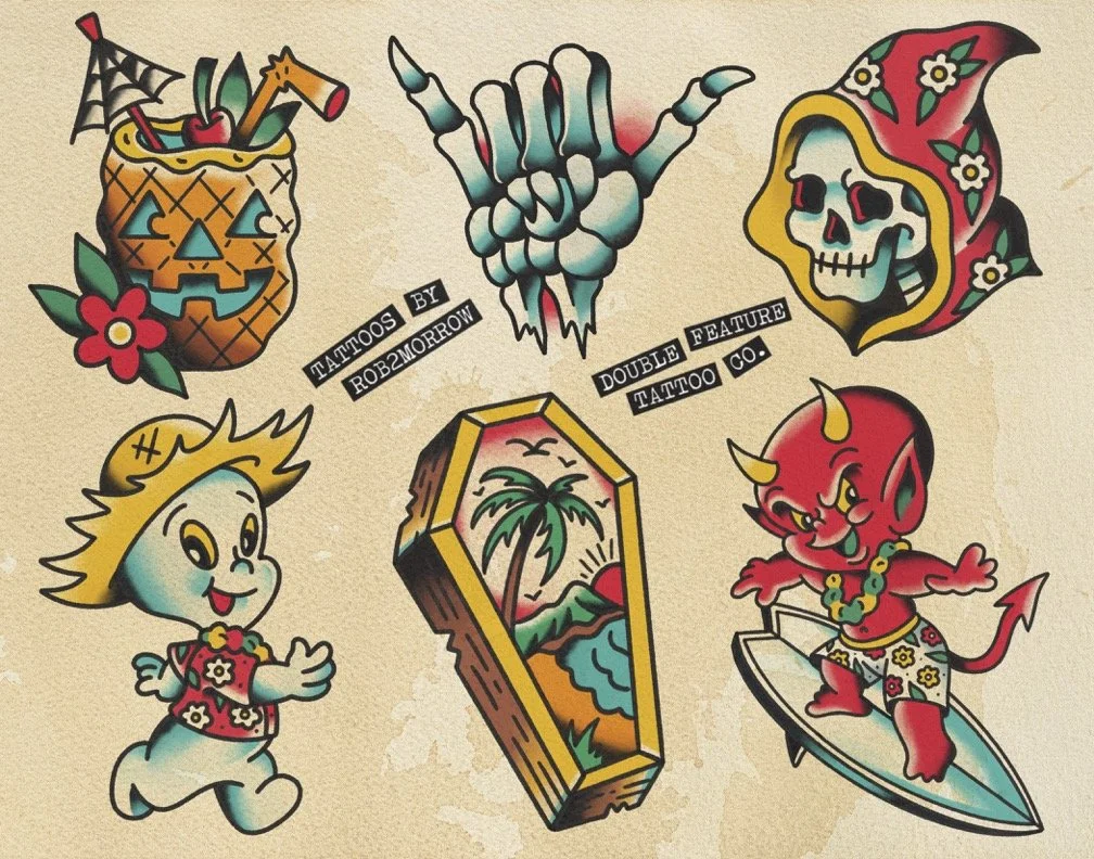 Collection of colorful tattoo flash designs including a pineapple with Halloween face, a blue hand making the rock 'n' roll gesture, a skull with floral hood, a cheerful character with blonde hair, a surfboard with a palm tree, a red devil with horns