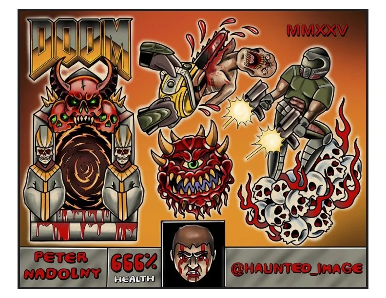 Video game-style illustration inspired by Doom, featuring demonic and hellish characters, weapons, and skulls, with text indicating '66% Health', 'Peter Naolny', and the artist '@haunted_image'.