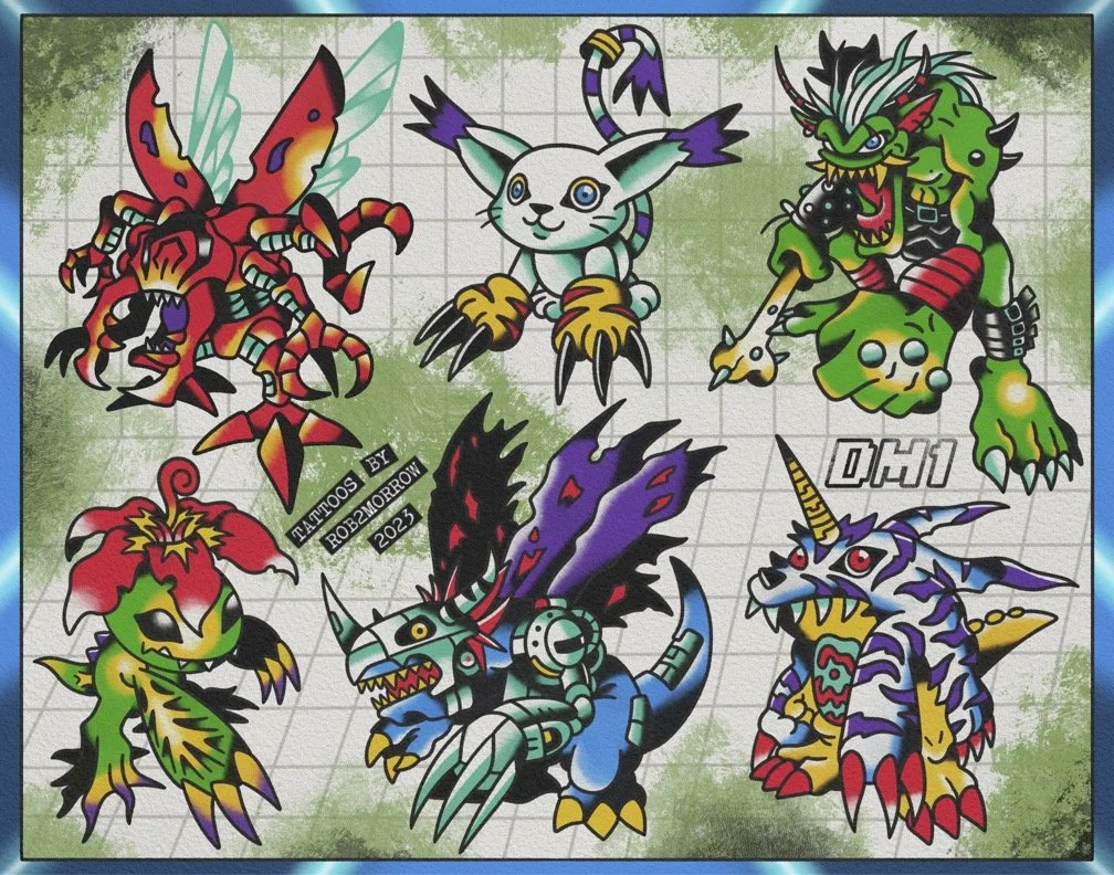 Collection of colorful, cartoon-style monster characters on a grid background with green splashes, featuring various mythical creature designs and accessories.