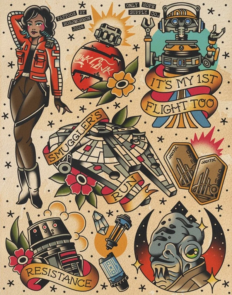 A collage of tattoo-inspired illustrations including a woman, a bomb, a robot, a spaceship, a skull, and words like 'It’s my 1st flight too,' 'Smuggler's run,' and 'Resistance.'