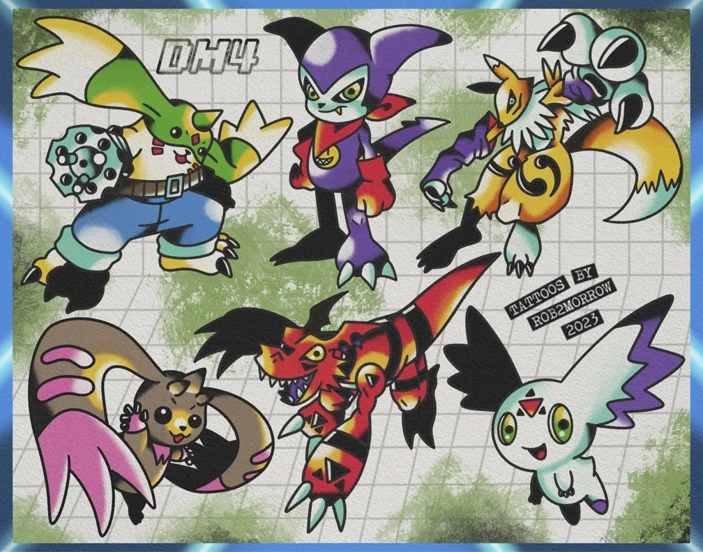 Collection of cartoon characters including a green creature with a club, a purple bat-like character, a fox with a sword, a robot with an orange tail, a red and black dinosaur, a pink and tan cat, and a small white creature with purple accents, on a
