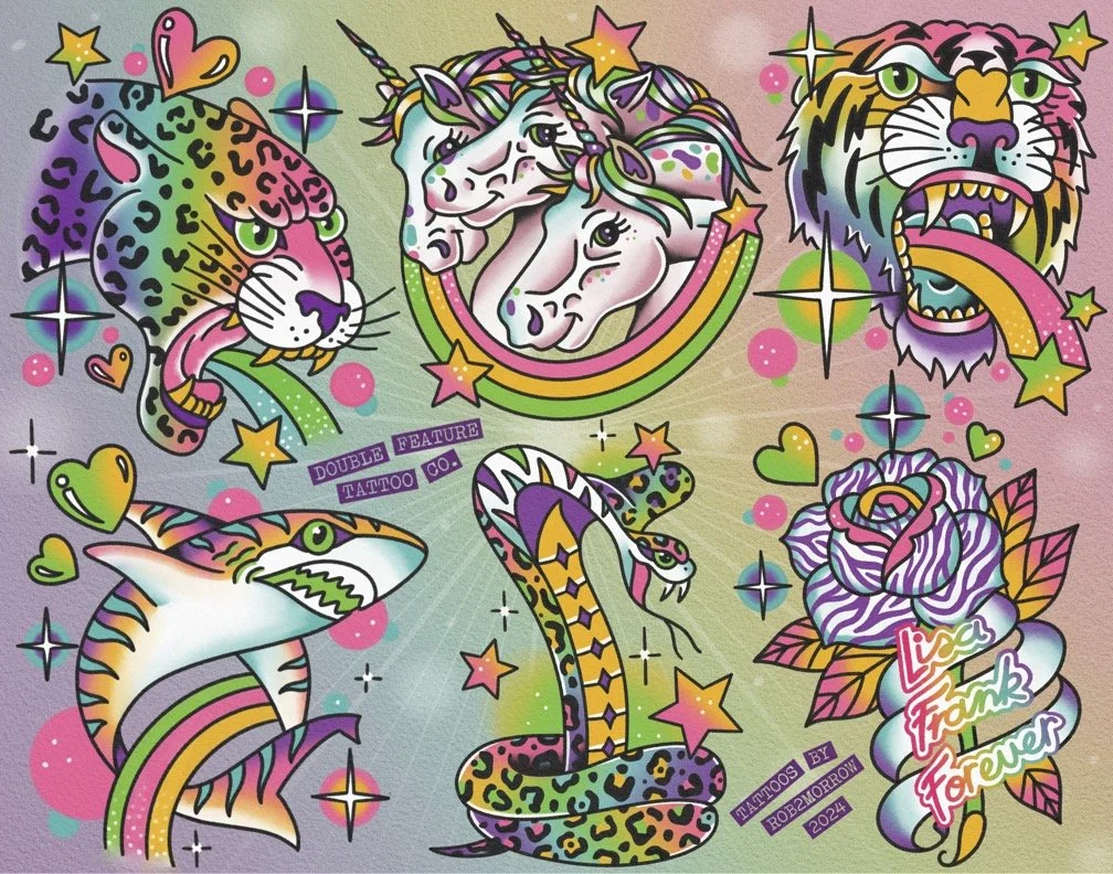 Colorful tattoo-style illustration of a leopard, unicorn, tiger, snake, and lion with rainbows, stars, hearts, and floral designs, featuring vibrant neon colors and playful themes.