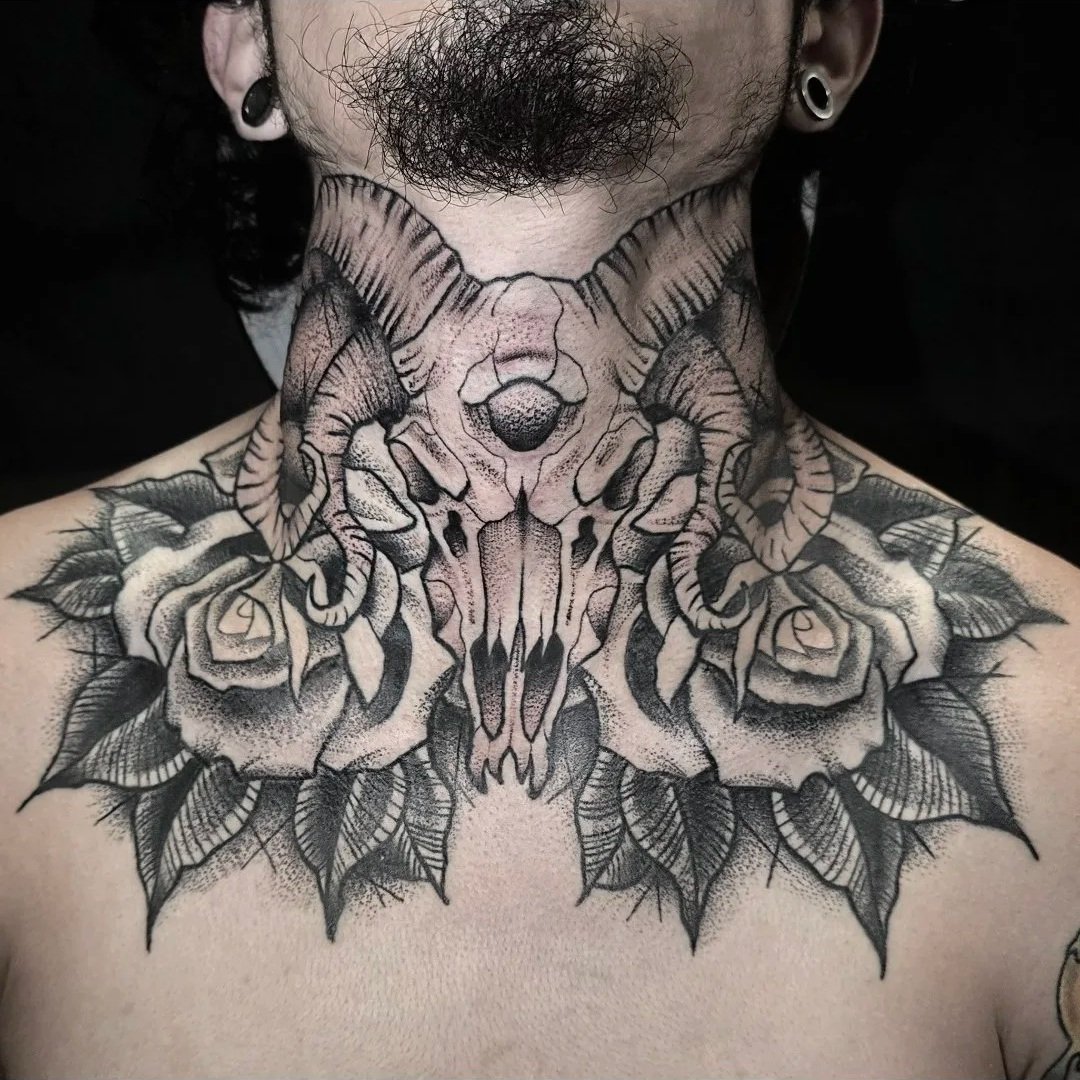 Blackwork throat tattoo made by Kevin Rapczyk. Roses and baphomet skull. Liberty Tattoo Co. Smithtown, NY