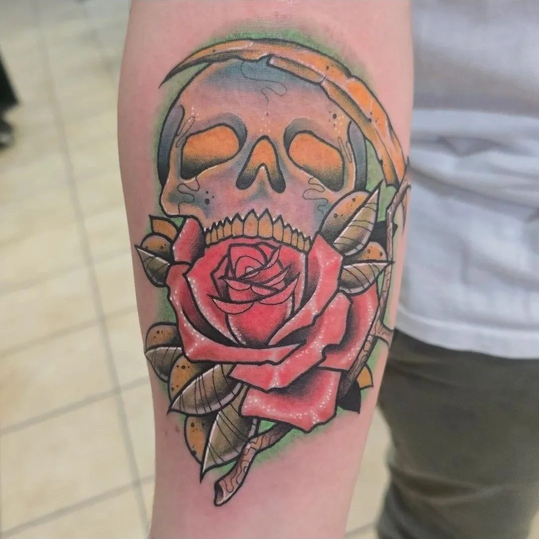 Colorful Neo-Traditional Skull and Rose tattoo made by Kevin Rapczyk at Liberty Tattoo Co. in Smithtown NY