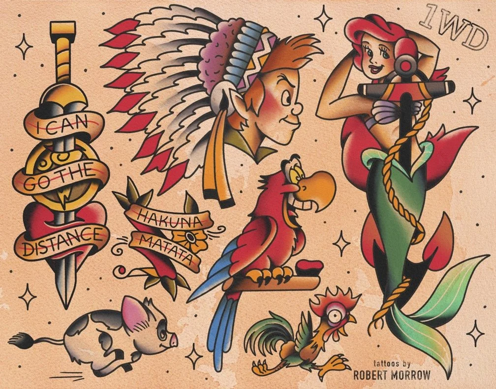 A colorful assortment of tattoo designs, including a sword with the words "I CAN GO THE DISTANCE," a Native American chief, a red bird, a mermaid, a pig, and a rooster, by Robert Morrow.