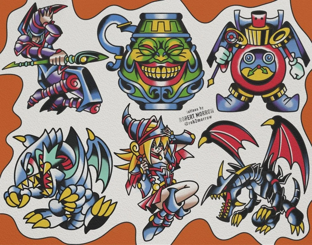 Collection of colorful fantasy character stickers, including a knight in armor, a smiling green-faced vessel, a robot with bat wings, a dragon, a witch with a staff, and a black dragon with red wings, on an orange background.