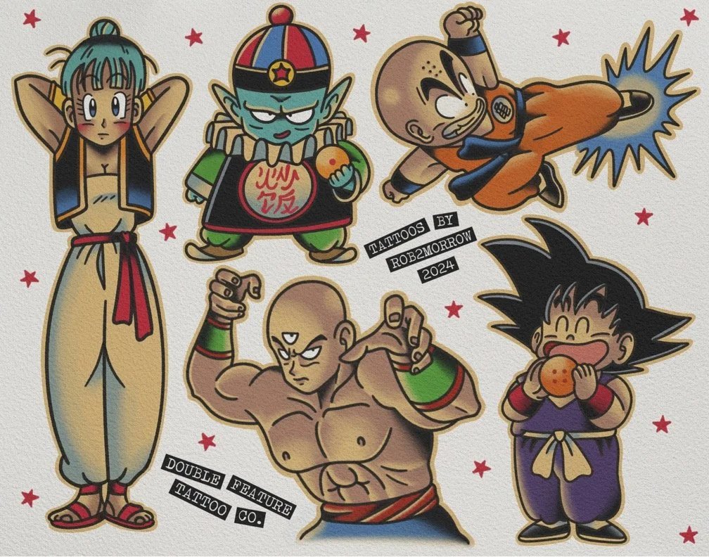 Collection of colorful cartoon tattoos featuring characters from Dragon Ball, including Bulma, Bulma with a blue face and holding an orange, Krillin with a bald head and clenched fist, Goku holding a peach, and Tien with a serious expression. The tat