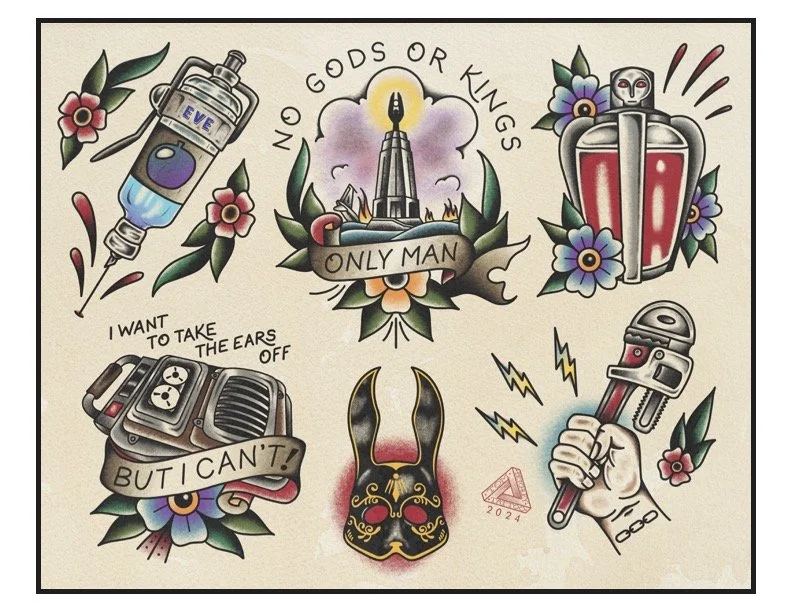 Tattoo-style illustration with various elements: a syringe labeled 'EVE,' a monument with the words 'NO GODS OR KINGS ONLY MAN,' a robotic face with flowers, an old-fashioned radio with the phrase 'I WANT TO TAKE THE EARS OFF BUT I CAN'T,' a hand hol