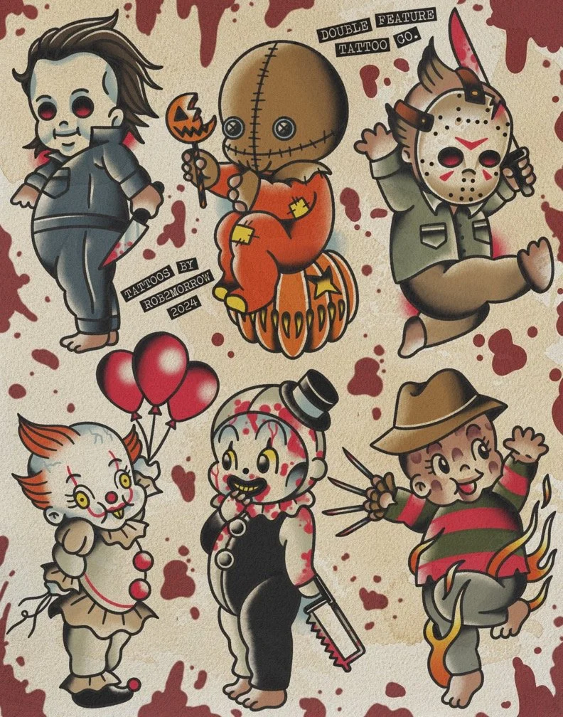 Collection of cartoon horror-themed characters with blood splatters background
