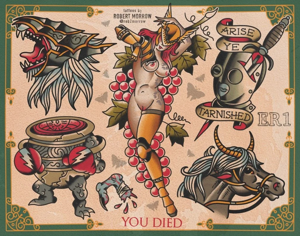 Tattoo flash sheet featuring a Dragon, a Wooden Horse, a Woman with grapes, a Skull with a sword with 'Arise Ye Tarnished' banner, a Gargoyle with a heart, and a Horned Horse, with the text 'You Died' at the bottom.