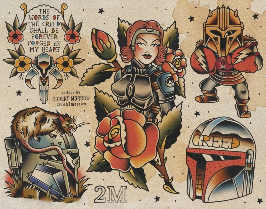 Tattoo flash sheet with various designs including a quote, a woman's portrait, a warrior in armor, a rat, a helmet, and a jukebox, with a retro style and bold lines.