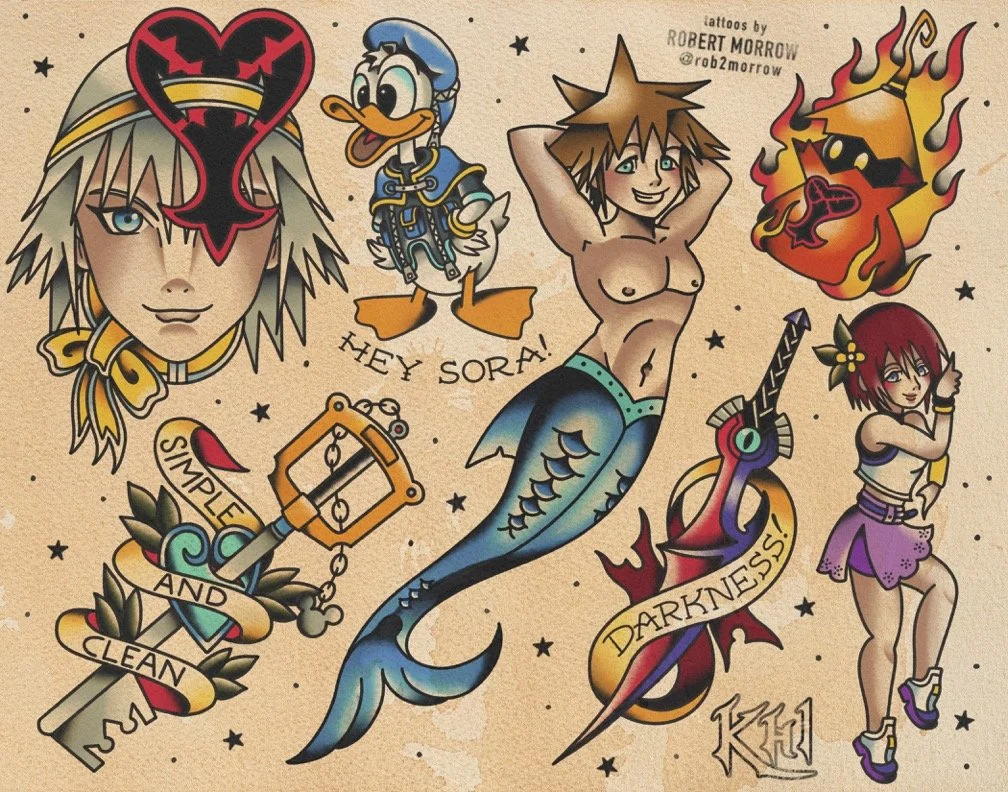 Collection of cartoon-style tattoos featuring characters and symbols, including a young woman with mermaid tail, Donald Duck, Sora's face with Heartless emblem, fireball with a Heartless, a keyblade with 'Simple and Clean' banner, an electric guitar