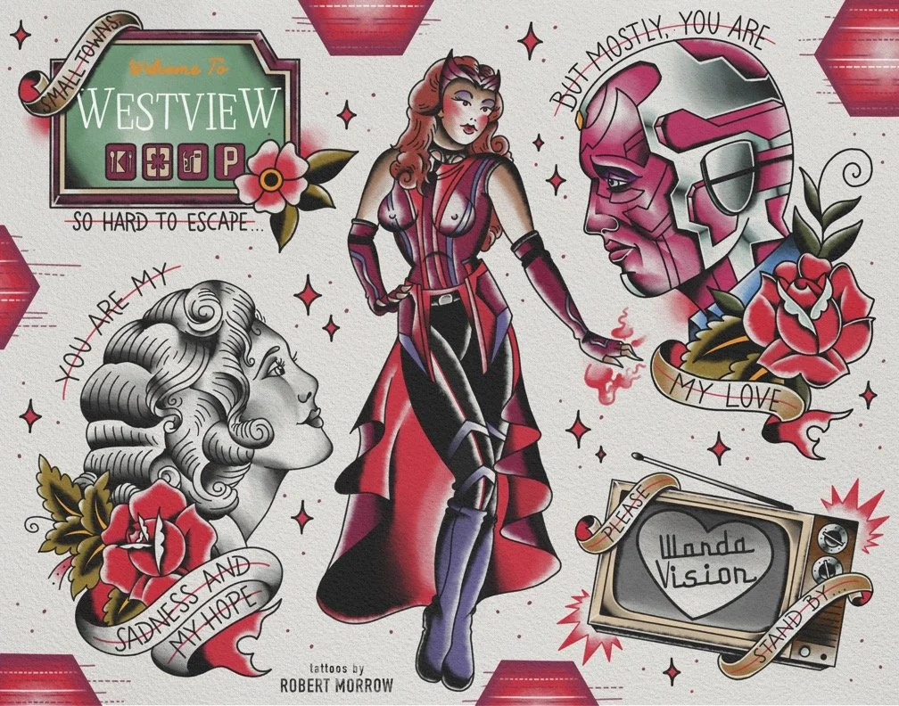 A collage-style illustration featuring a central woman in a futuristic red and black outfit, surrounded by a robot head, a grayscale portrait of a woman with floral accents, a vintage television with the words "Wanda Vision" displayed, and a sign rea