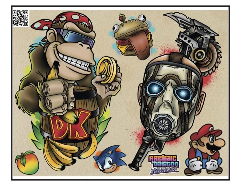 Collection of video game characters including Donkey Kong, a frog, Sonic the Hedgehog, Mario, and a futuristic robot head. Donkey Kong is wearing sunglasses, holding a gold coin, and has the letters 'DK' on his belly. Sonic is at the bottom center, M