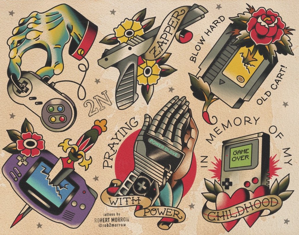 Tattoo illustration of childhood memories with gaming and pop culture symbols, including a Nintendo controller, a handgun with flowers, an old cassette tape, a broken Game Boy, a hand with
