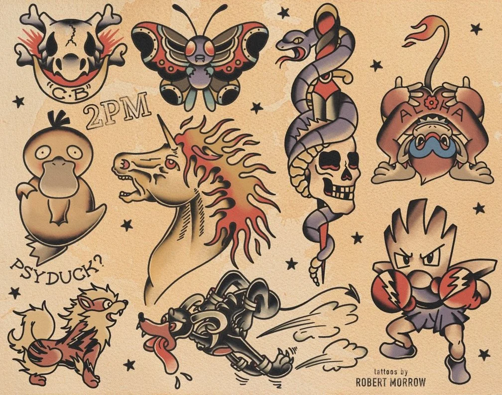 Collection of various colorful tattoo-style illustrations of animals, mythical creatures, a skull, a snake, a horse, a robot dog, a fox, and a muscular character wearing boxing gloves, with small stars scattered in the background.