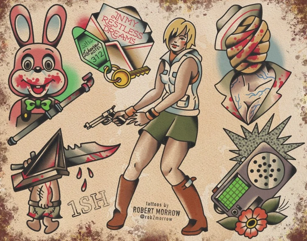 Collection of tattoo-style illustrations including a rabbit with a syringe, a woman holding a gun, a paper with 'IN MY RESTLESS DREAMS', a man with a bloodied bandaged head, a bloody knife, a handheld radio, and a small figure with an axe and blood,