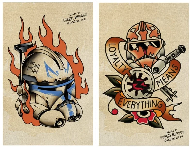 Two tattoo designs featuring robotic and skull themes. The left shows a robotic helmet with flames and blue markings, and the right depicts a stylized skull with sunglasses, a smoking cigar, surrounded by a tattoo banner that reads 'Loyalty Means Eve