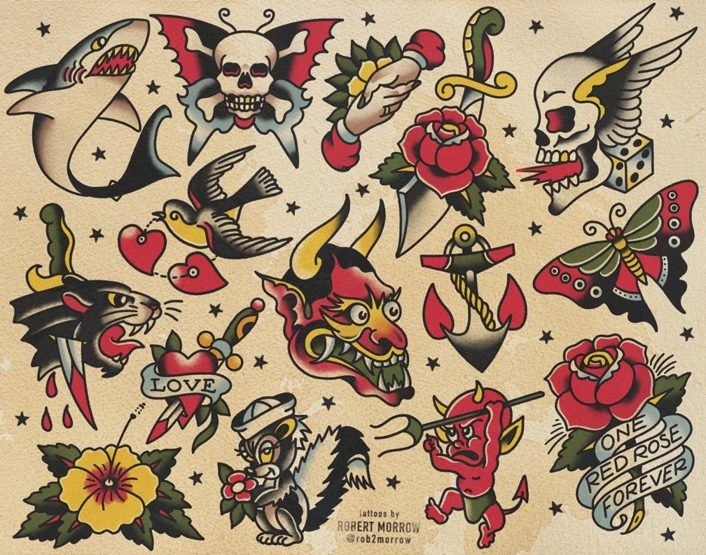 Collection of traditional tattoo designs including skulls, a shark, a swallow, a red devil, a skull with wings, a butterfly, roses, an anchor, a devil horned face, two hearts, a black cat, a woman with a tattoo, and a banner reading "One Red Rose For