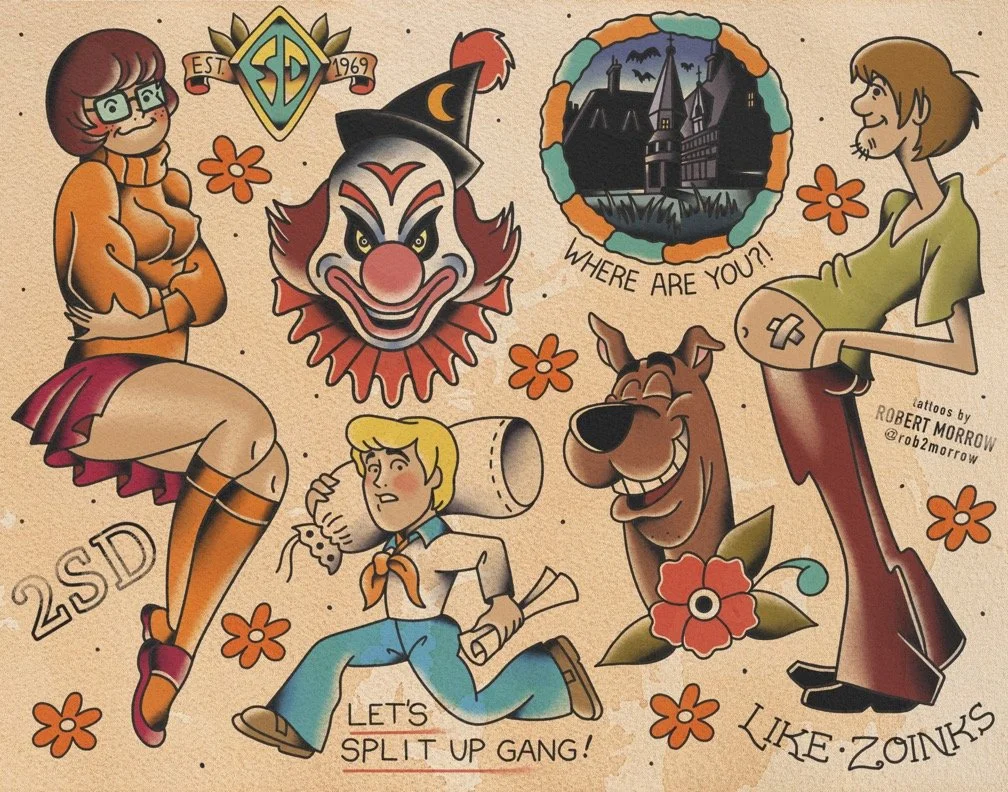 A colorful cartoon collage featuring characters Frankenstein's monster, a clown with a witch hat, Scooby-Doo, Shaggy, and Velma from Scooby-Doo, along with various symbols and text such as 'WHERE ARE YOU?', '2SD', 'LET'S SPLIT UP GANG!', 'LIKE ZOINKS