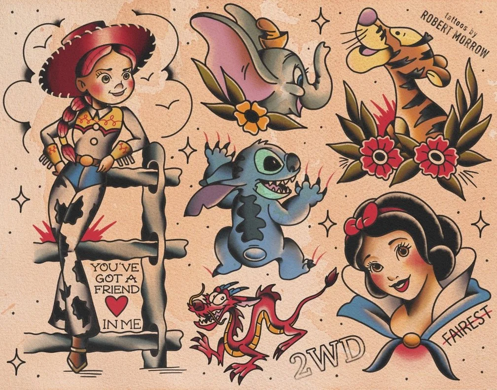 Tattoo-style illustration featuring characters and elements from Disney's 'Lilo & Stitch,' including Lilo, Stitch, and other characters, along with tiger, elephant, and dragon tattoos, flowers, and a sign that says 'You've got a friend in me,' with a