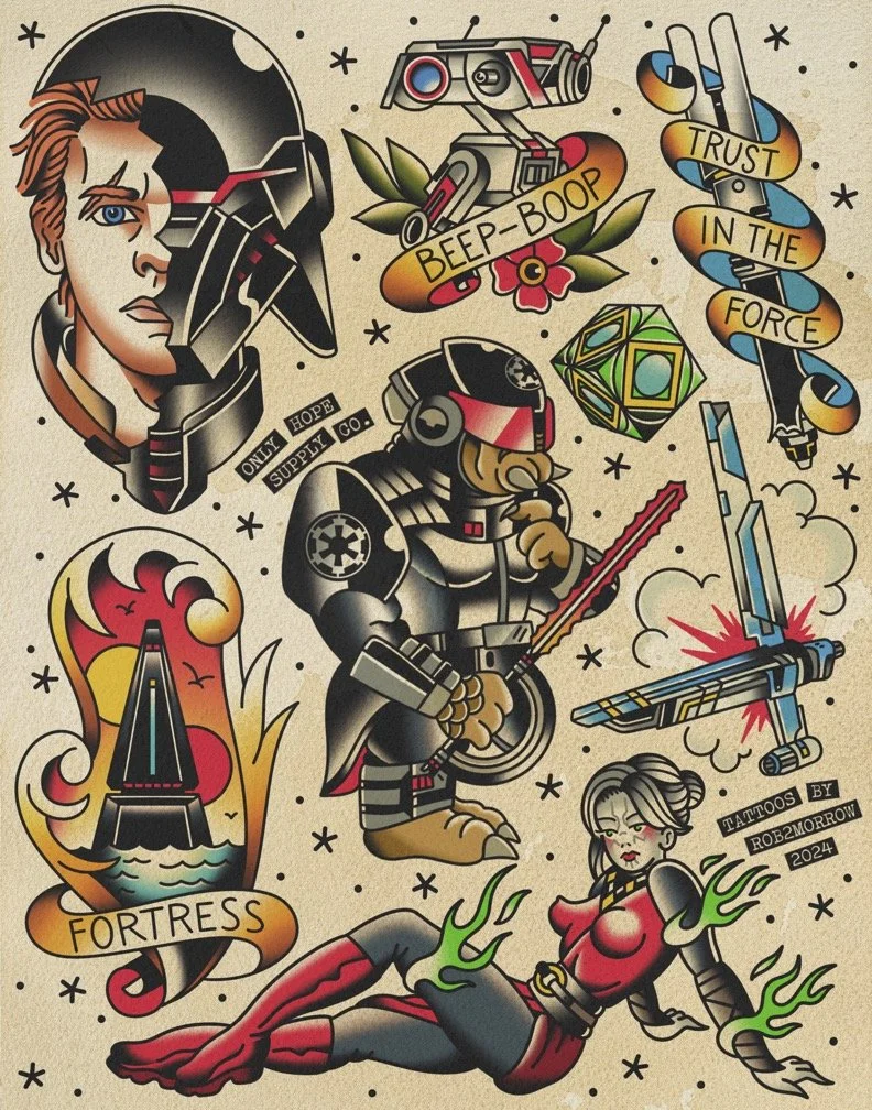 A collection of tattoo-style artwork featuring a human face with half armored helmet, a robot holding a lightsaber, a robotic dog, a tattooed woman with green flame-like tattoos, a helicopter, a fortress, dice, a spaceship, and various banners with w
