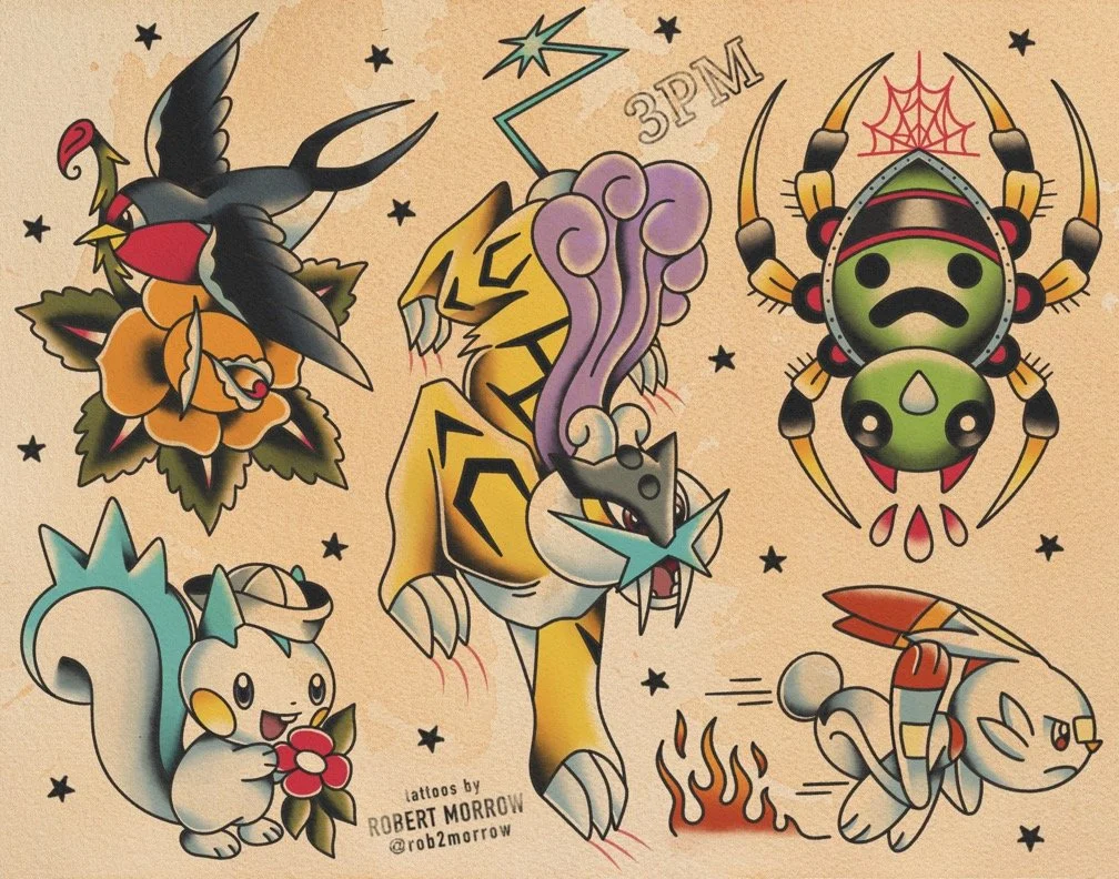 Collection of colorful, cartoon-style tattoo designs featuring a swallow with a rose, a tiger with flames and smoke, a spider with a web, a squirrel holding a flower, and a rabbit with a carrot, set against a beige background with small black stars.