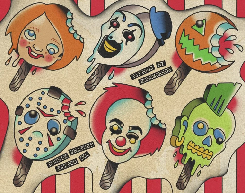 Collection of colorful tattoo-style ice cream popsicles with various face designs, including a smiling girl, a clown, a pumpkin, a clock, a punk, and a green skull, on a beige background with red stripes.