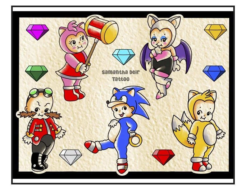 Cartoon characters dressed as Sonic the Hedgehog, Tails, Amy, Knuckles, and Rouge the Bat, surrounded by colorful gemstones, with the text 'samantha deir tattoo' in the center.