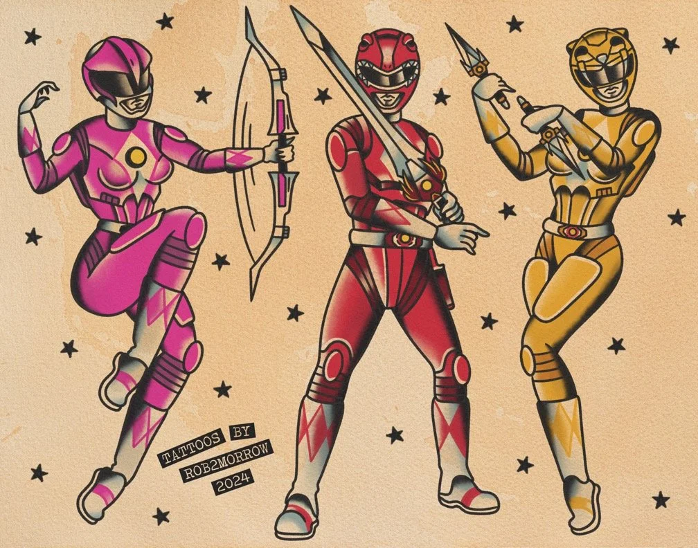Three Power Rangers characters in pink, red, and yellow costumes against a beige background with small black stars. Each character is in a dynamic pose, holding weapons, with the pink ranger on the left, the red ranger in the middle, and the yellow r