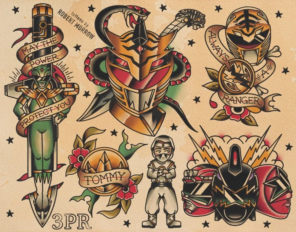 Tattoo flash sheet featuring various Japanese-inspired tattoo designs: a sword with “May the Power Protect You” banner, a central tiger-head helmet with snake and dragon details, a mask with “Always Ranger” banner, a butterfly-winged helmet with ligh