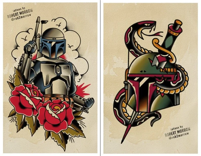 Tattoo of a Mandalorian helmet with roses and a space gun on the left, tattoo of a snake, dagger, and flask on the right.