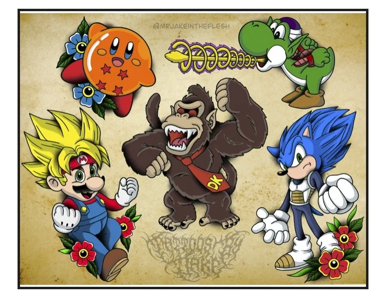 Colorful cartoon characters including Mario from Nintendo, Sonic the Hedgehog, Donkey Kong, Bowser, Yoshi, and Kirby with flowers and a beige background.