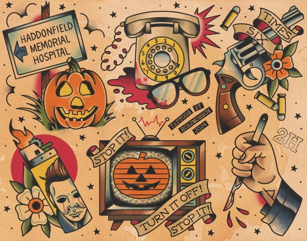 Tattoo design with Halloween and tattoo shop themes, including a pumpkin with a carved face, vintage telephone, sunglasses, revolver with flowers, tattoo machine, TV with Jack-o'-lantern face, and various decorative elements.