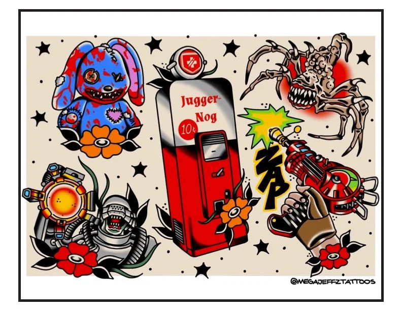 Colorful tattoo-style illustration with a blue and red plush toy dog, vending machine labeled "Jugger-Nog" with a 10-cent price, a menacing spider, a robotic skull, a hand firing a gun with a comic explosion, and stars and flowers in the background.