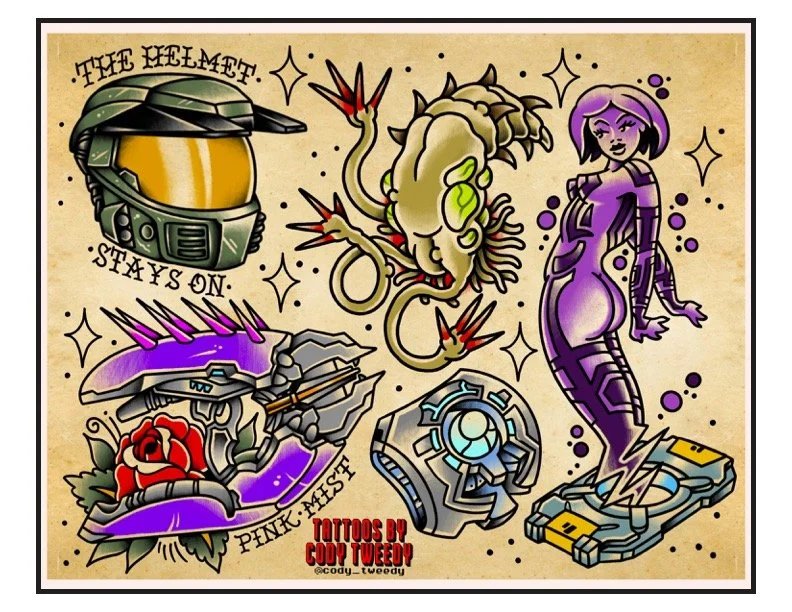 A collection of science fiction tattoo designs including a helmet with the text 'The Helmet Stays On', a fantastical insect-like creature, a robotic woman, a sword with a rose, and a blue mechanical device.