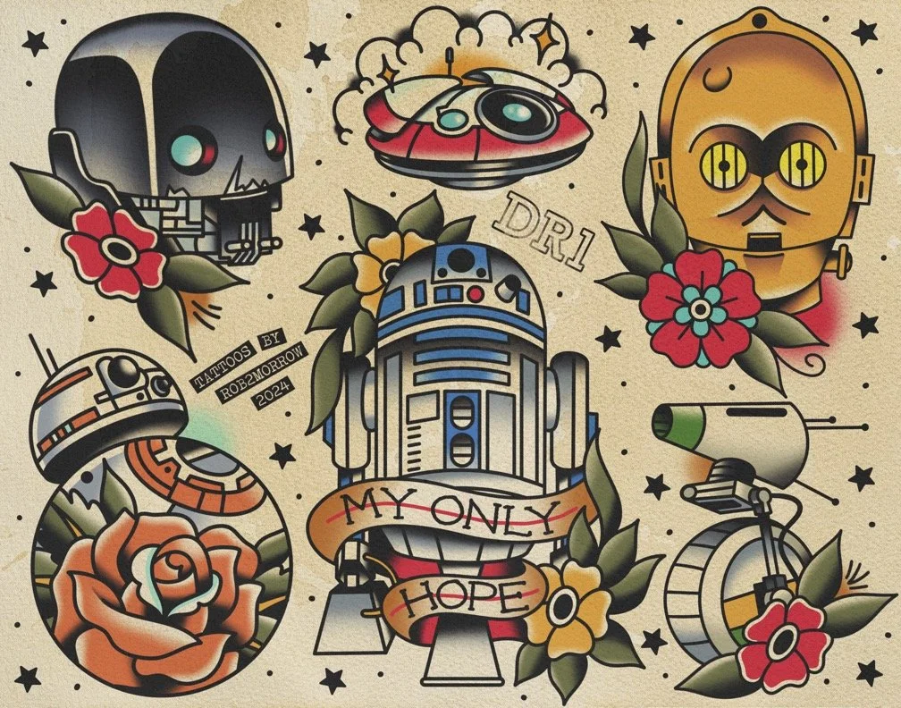 Tattoo illustration featuring Destro, Star Wars droids BB-8, R2-D2, and a robot with flowers, stars, and text 'My Only Hope'.